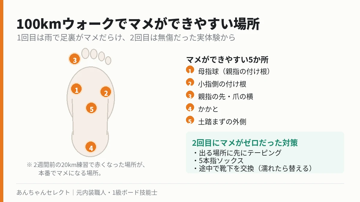 100kmウォークでマメができやすい足裏の5か所と、マメがゼロだった対策